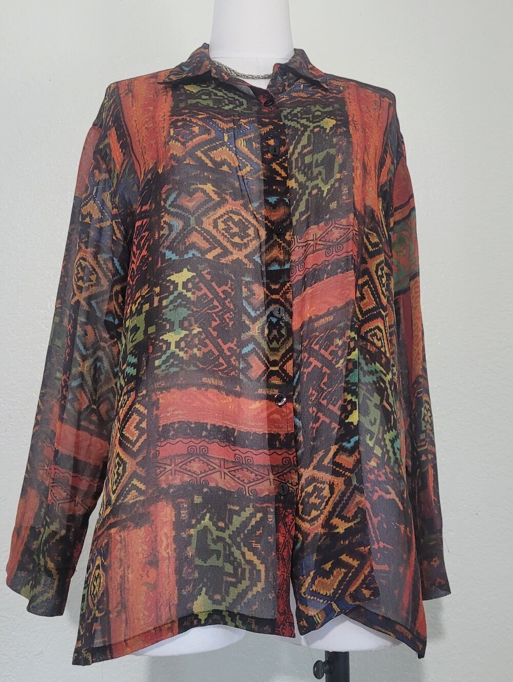 Chico's Silk Multicolor Tribal Print Button-Down Shirt - Rust, Black, Green Sz 3